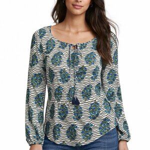 Tory Burch Evelina Blue Green Floral Cotton Tie Neck Blouse Shirt Top Size 2